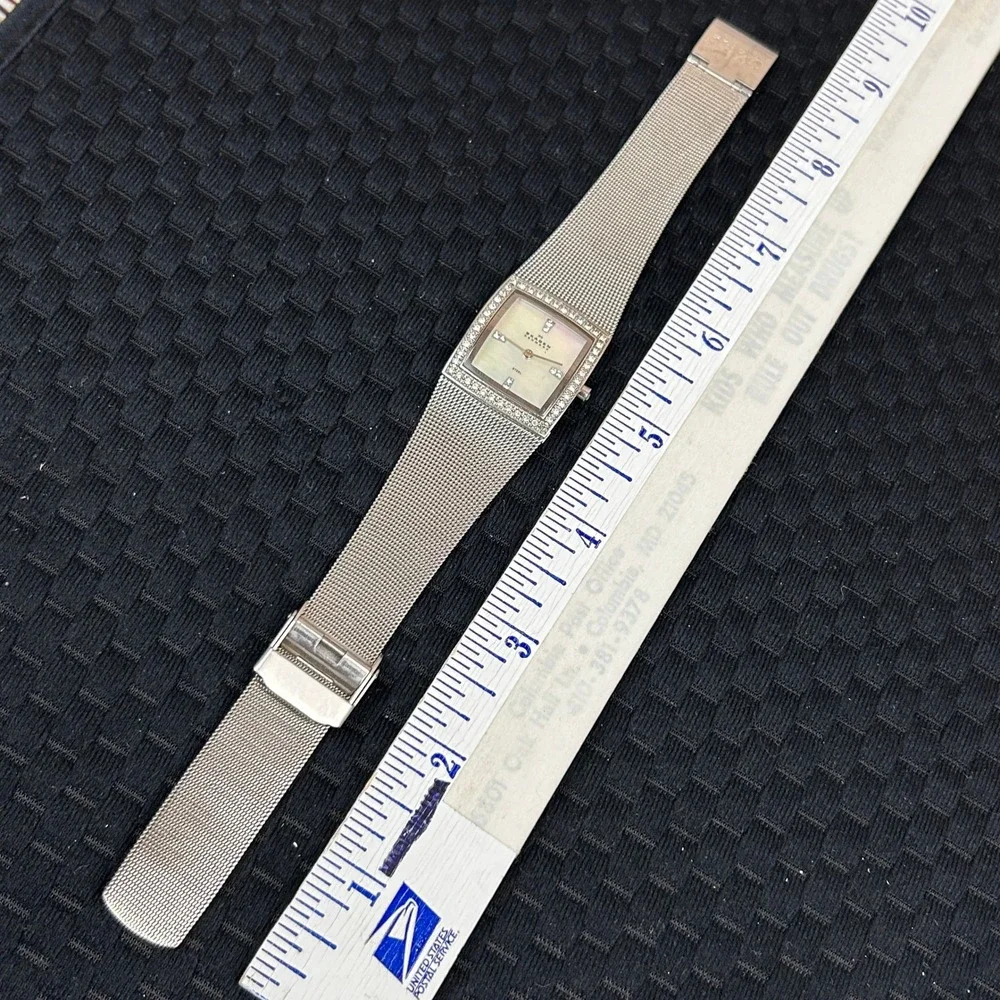 Skagen Denmark‎ 606SSS Silver Mesh Watch Mother of Pearl Crystal Bezel Square